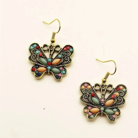 Multicolor Beaded Butterfly Drop Earrings BRAND NEW - Picture 4 of 4